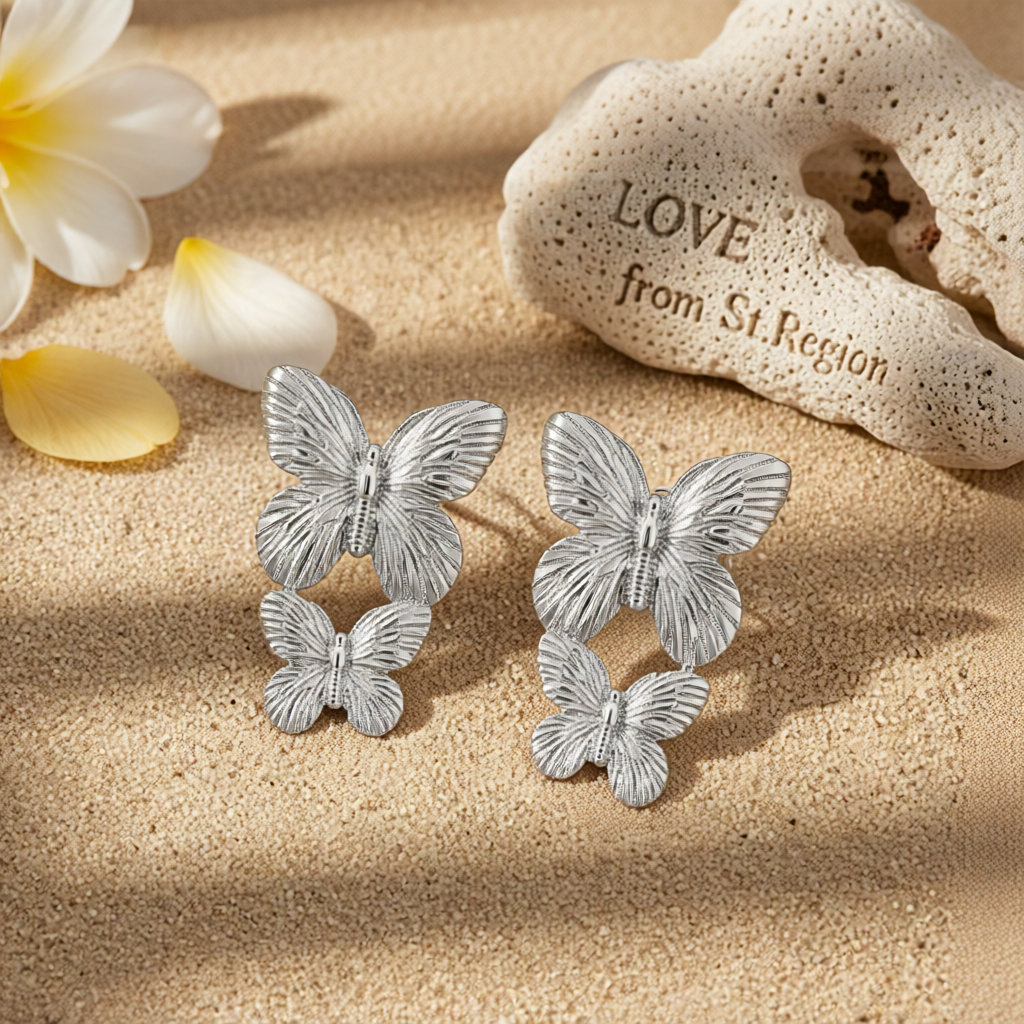 Silvertone Double-Butterfly Dangle Earrings