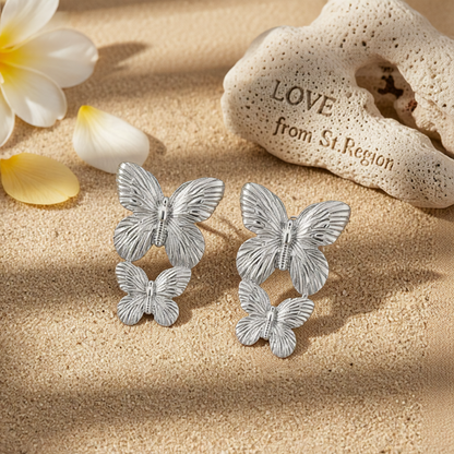 Silvertone Double-Butterfly Dangle Earrings