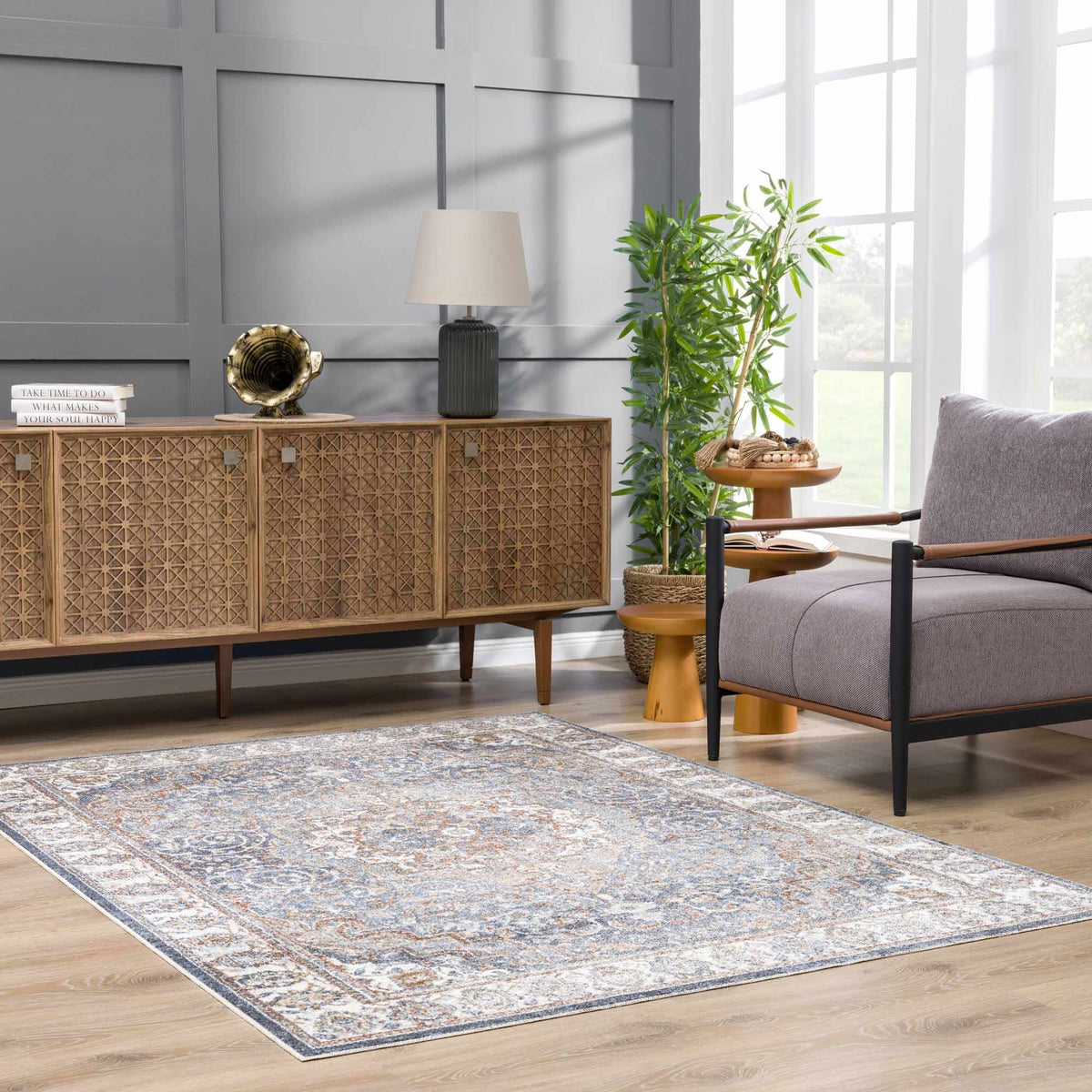 Aurum Blue & Beige Washable Area Rug - Clearance