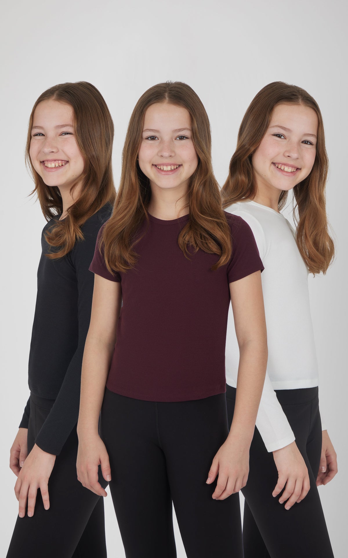 90 Degree by Reflex Girls 3 PK Ribbed Crew Neck Short Sleeve Shirt + Ribbed Crew Neck Long Sleeve Shirt
