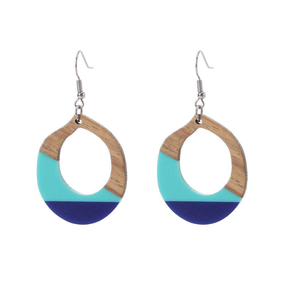 Aqua Resin & Wood Silvertone Open Teardrop Hook Earrings