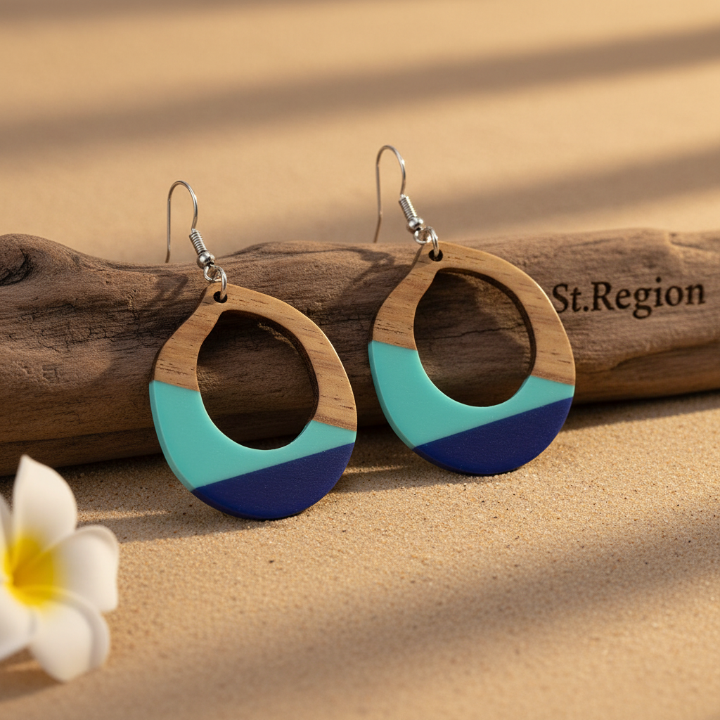 Aqua Resin & Wood Silvertone Open Teardrop Hook Earrings