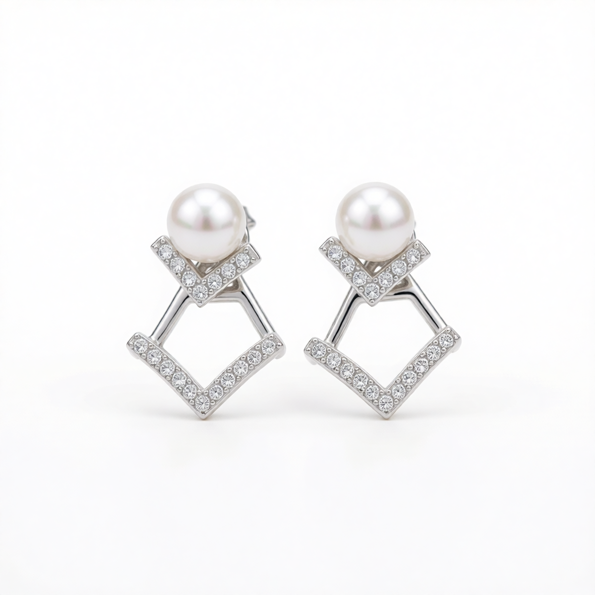 Pearl & Cubic Zirconia Silvertone Rhombus Ear Jackets