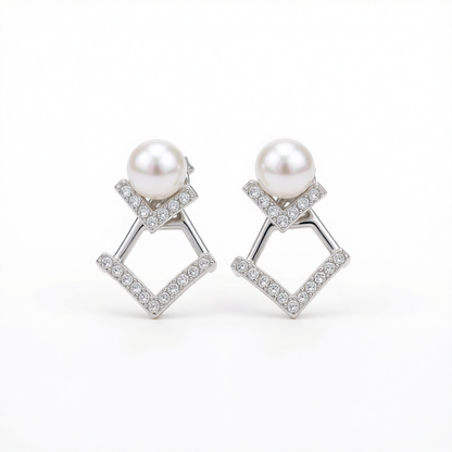 Pearl & Cubic Zirconia Silvertone Rhombus Ear Jackets