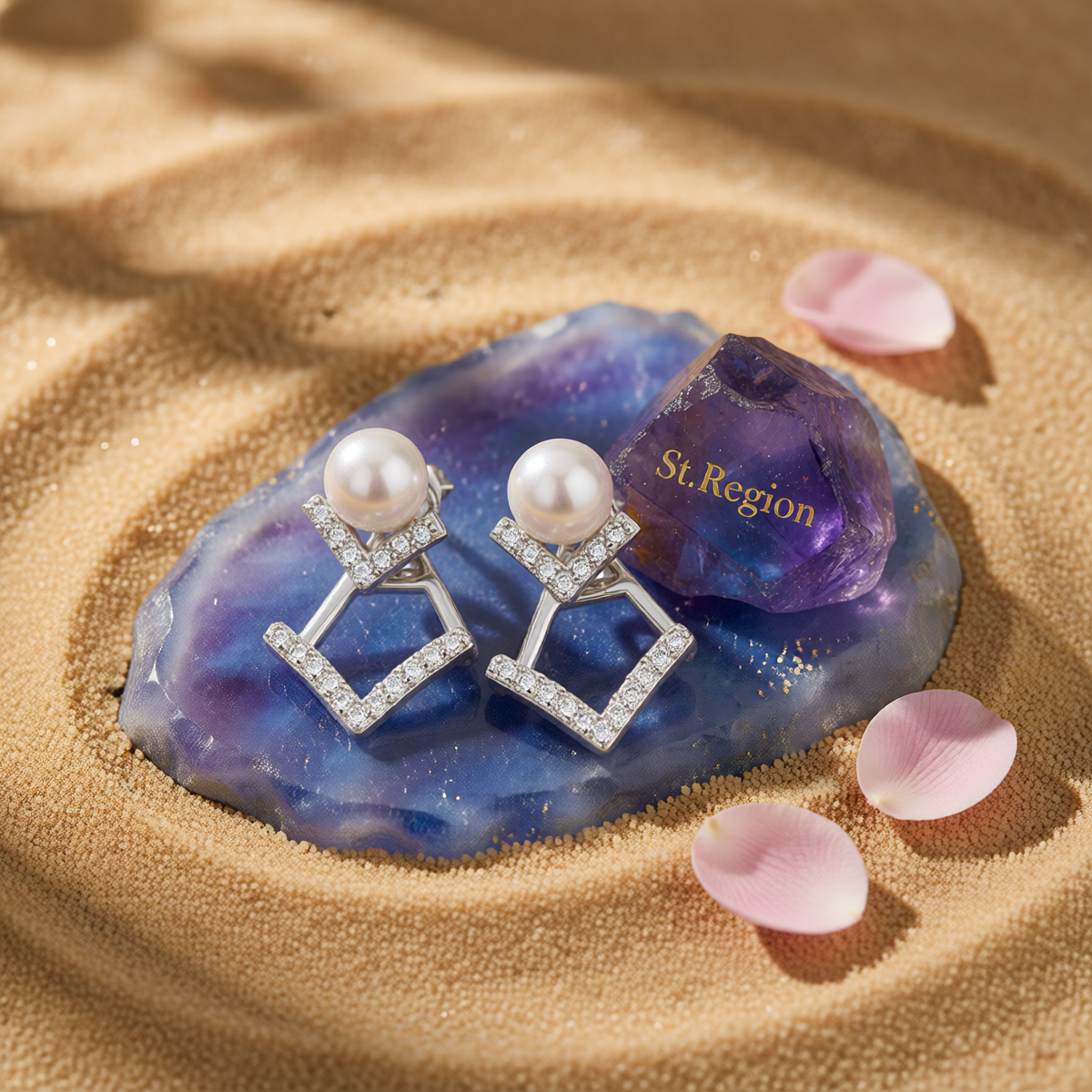 Pearl & Cubic Zirconia Silvertone Rhombus Ear Jackets