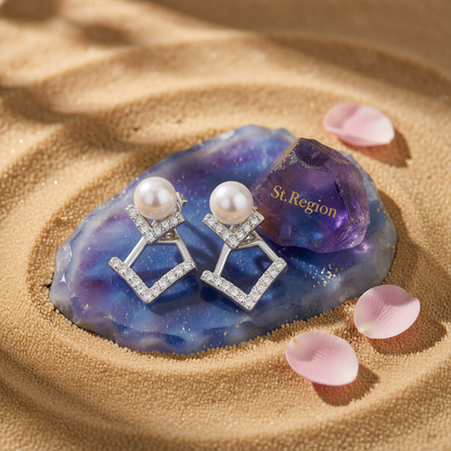 Pearl & Cubic Zirconia Silvertone Rhombus Ear Jackets