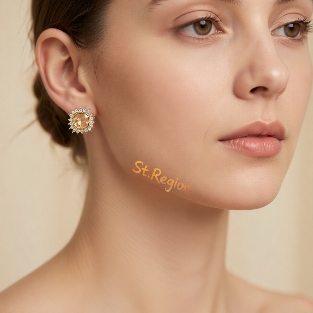 Champagne Crystal & Goldtone Square Halo Stud Earrings