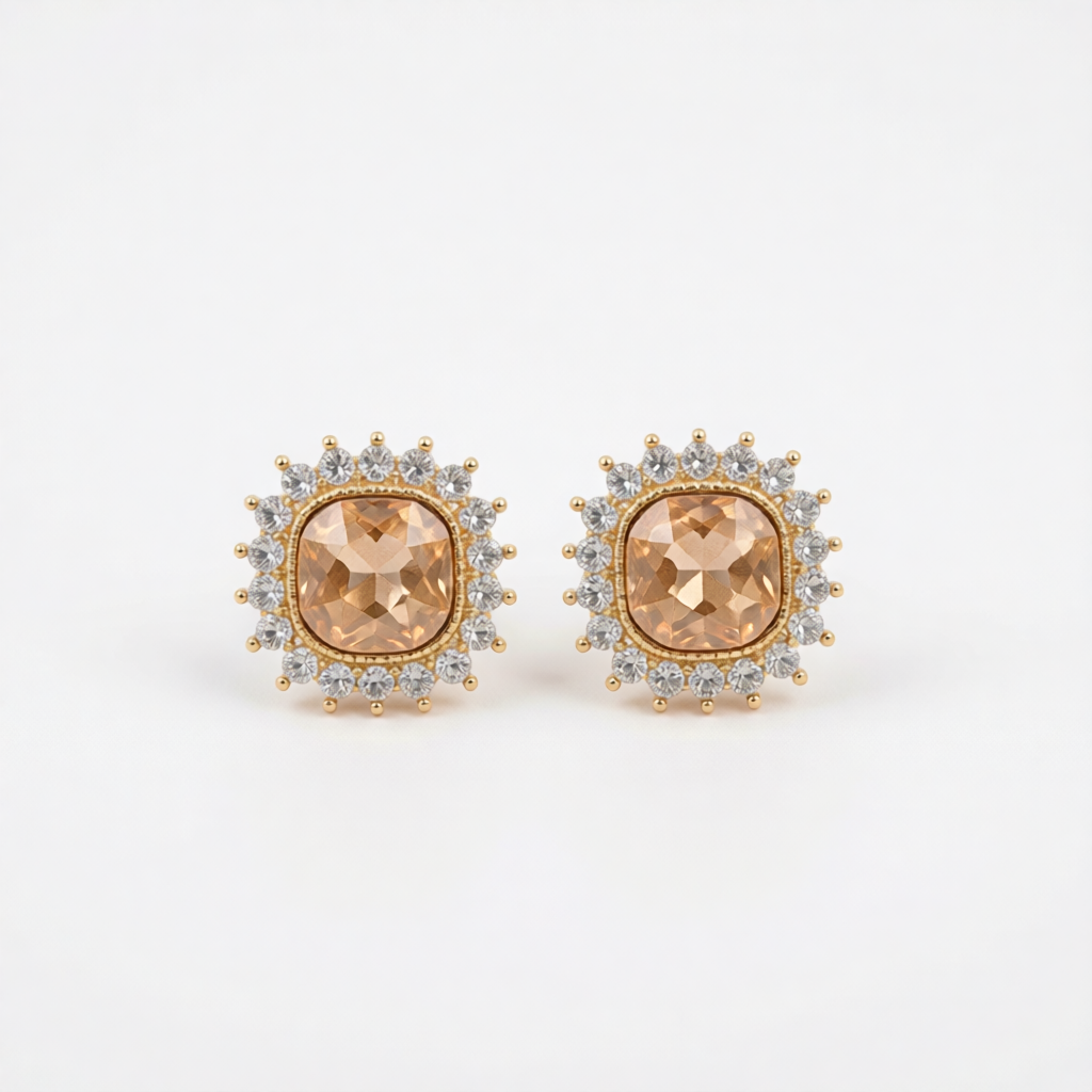 Champagne Crystal & Goldtone Square Halo Stud Earrings