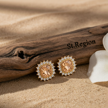 Champagne Crystal & Goldtone Square Halo Stud Earrings