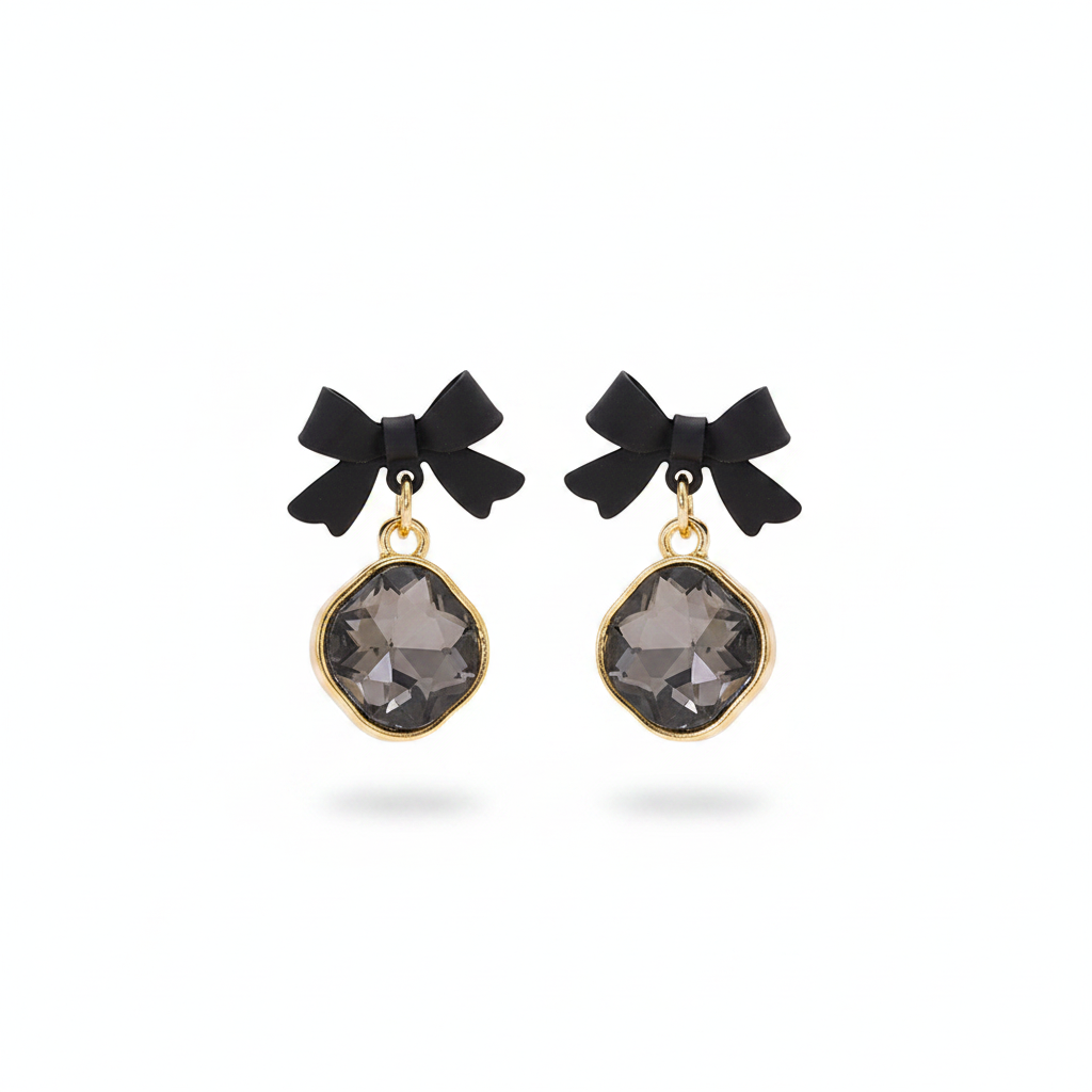 Black Crystal & Goldtone Bow Diamond Drop Earrings