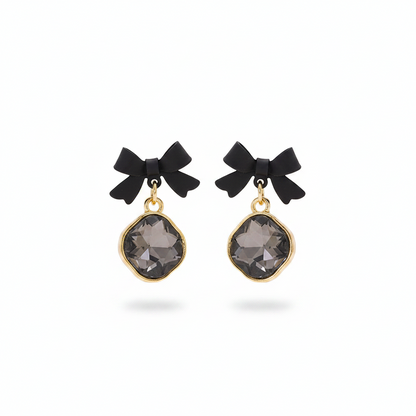 Black Crystal & Goldtone Bow Diamond Drop Earrings