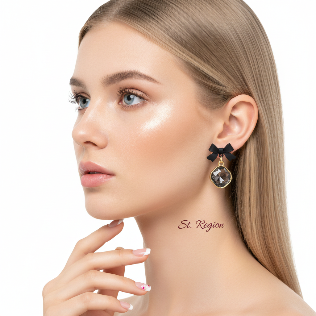 Black Crystal & Goldtone Bow Diamond Drop Earrings