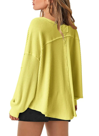 Women's Waffle Knit Oversized V Neck Batwing Long Sleeve Tops