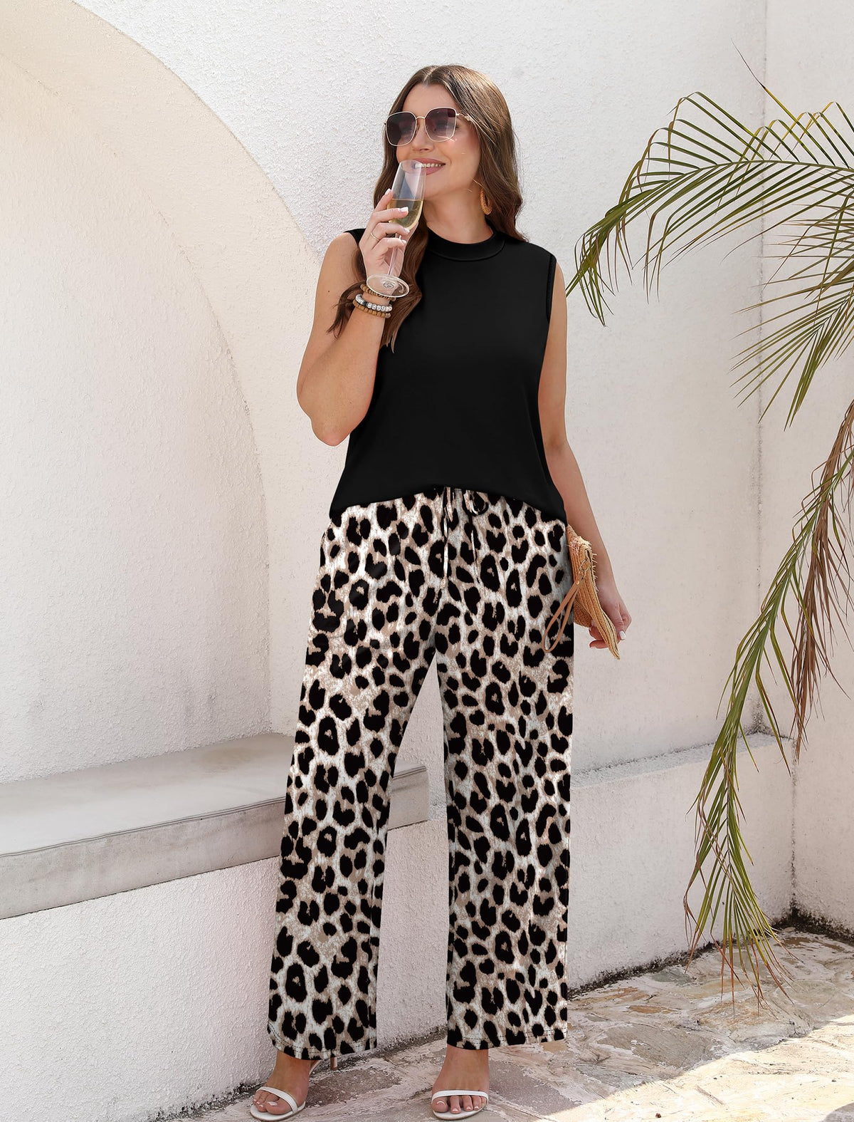 Women's Mock Neck Tank & Floral Wide Leg Pants Set