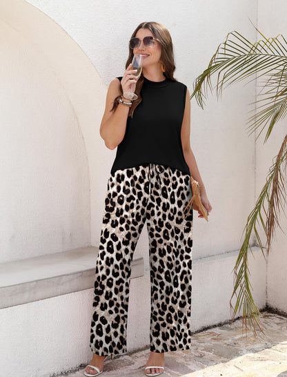 Women's Mock Neck Tank & Floral Wide Leg Pants Set