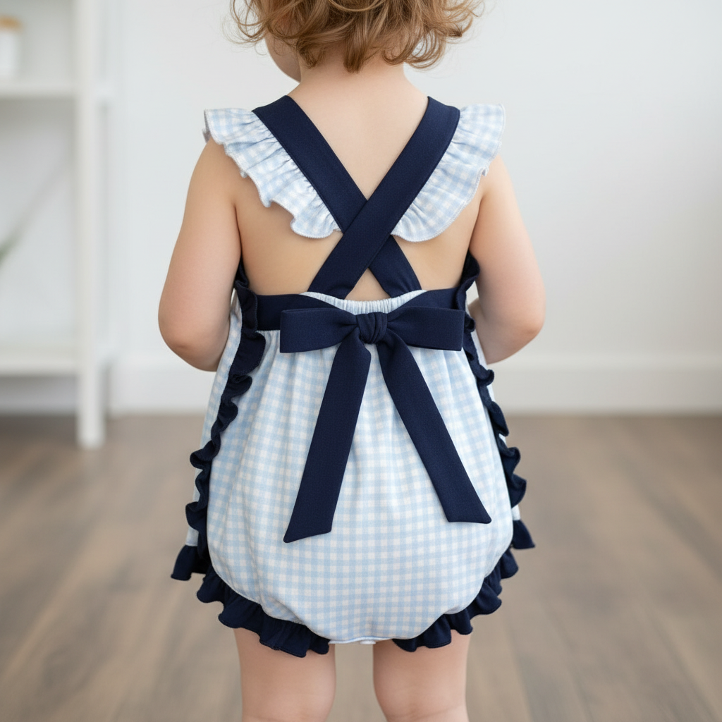 Classic Navy Gingham Bow and Button Romper
