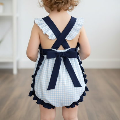 Classic Navy Gingham Bow and Button Romper