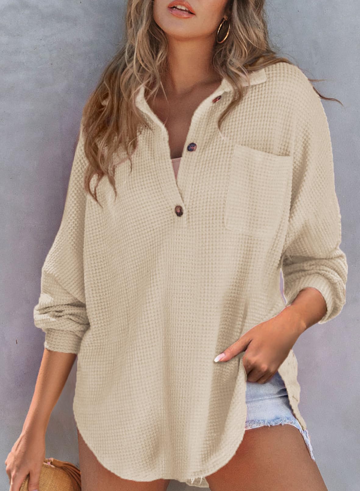 Autumn Women's Waffle Knit Henley V Neck Shirt Jacket