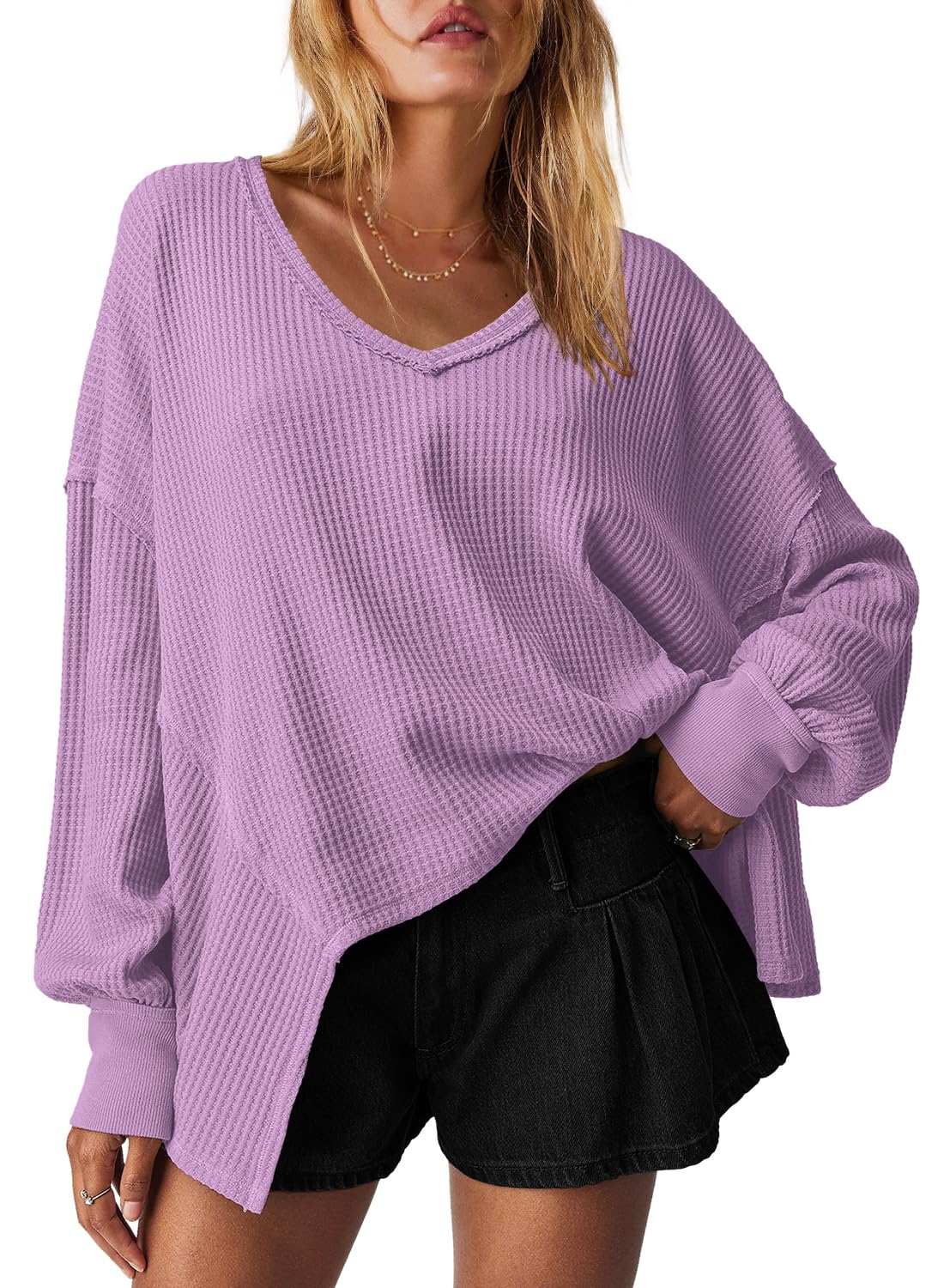 Women's Waffle Knit Oversized V Neck Batwing Long Sleeve Tops