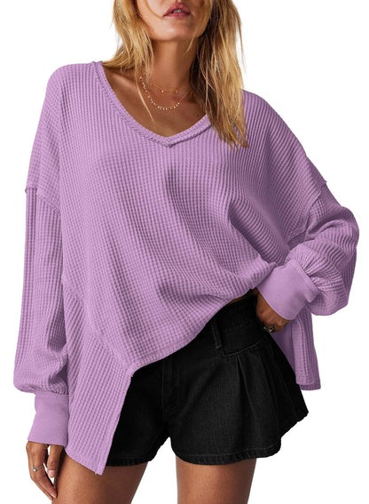 Women's Waffle Knit Oversized V Neck Batwing Long Sleeve Tops