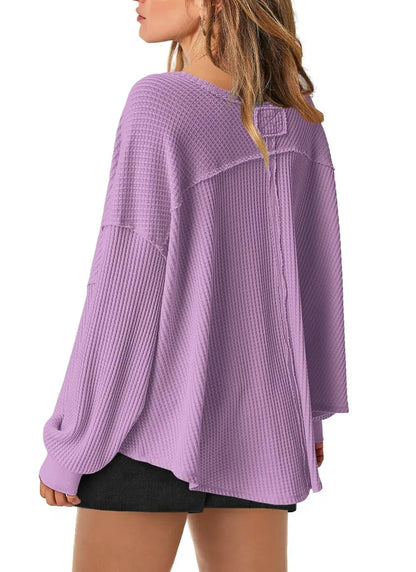 Women's Waffle Knit Oversized V Neck Batwing Long Sleeve Tops