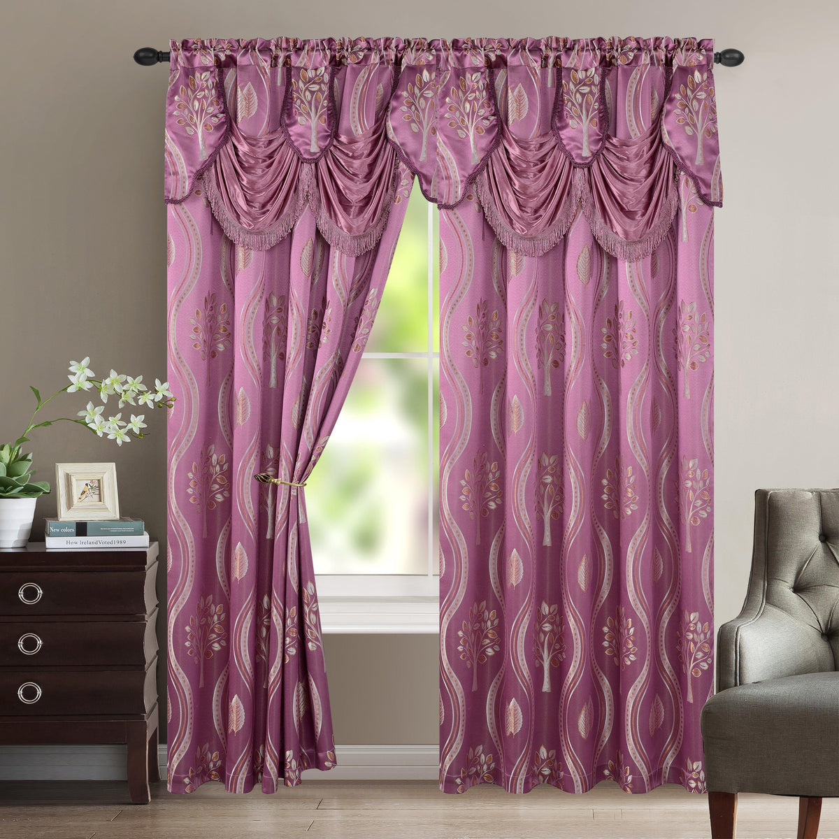 Elegant Comfort Set of 2 Aurora Curtain Panels- Attached Valance - Rod Pocket- 54" W x 84" L