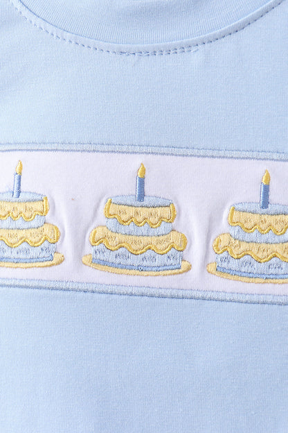 Blue birthday cake smocked plaid shorts set