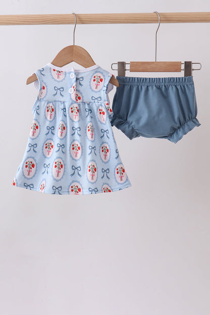 Blue strawberry bow embroidery bloomer set