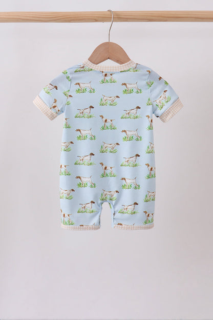 Blue Puppy Embroidered Pocket Romper