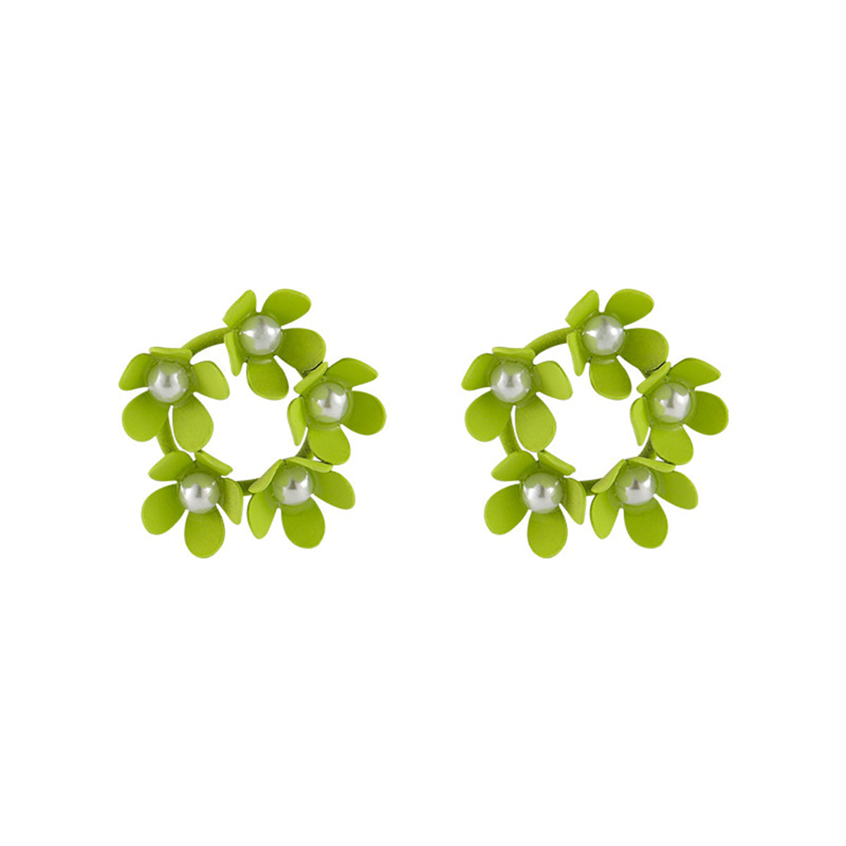 Pearl & Green Enamel Floral Garland Stud Earrings