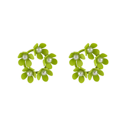 Pearl & Green Enamel Floral Garland Stud Earrings