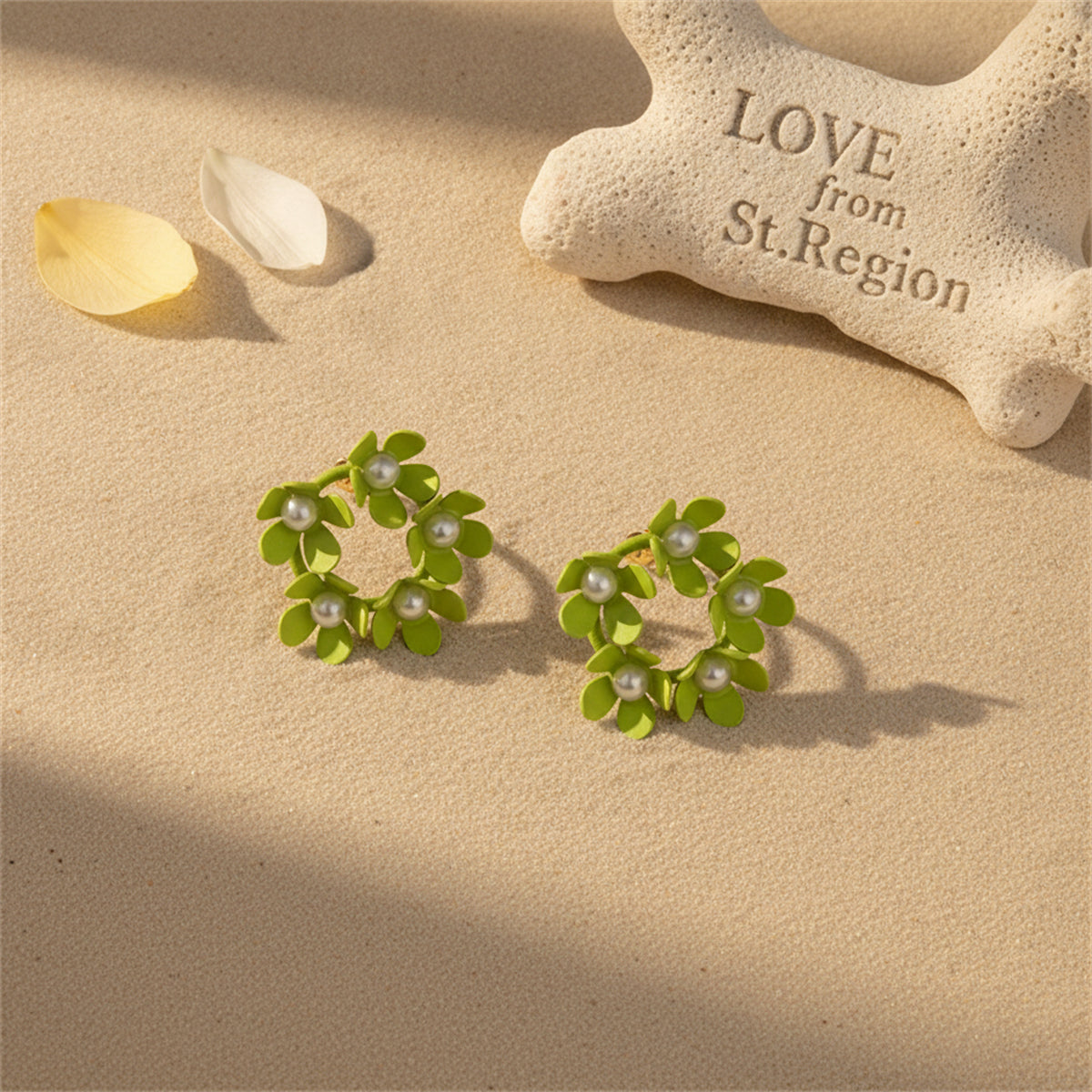 Pearl & Green Enamel Floral Garland Stud Earrings