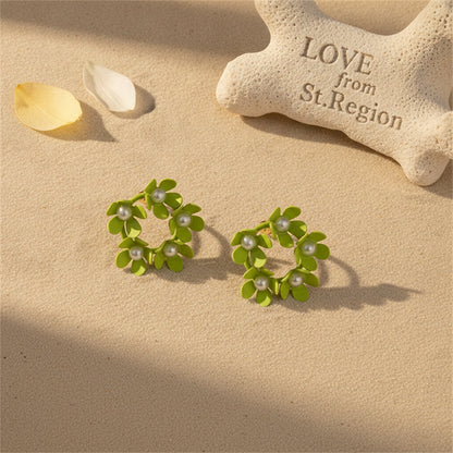 Pearl & Green Enamel Floral Garland Stud Earrings