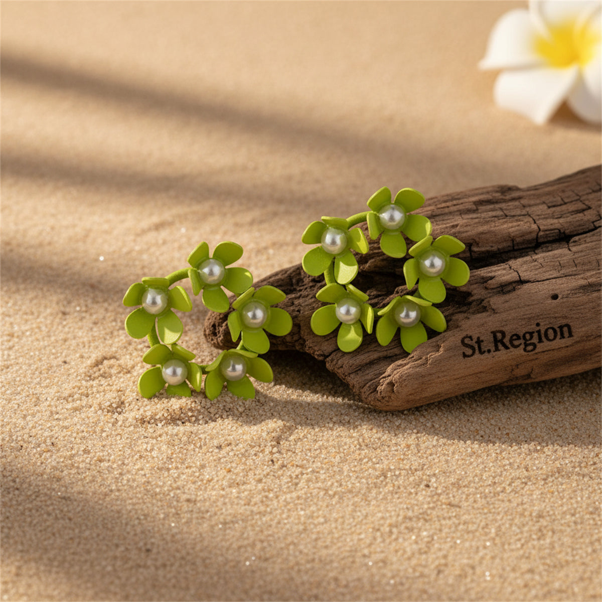 Pearl & Green Enamel Floral Garland Stud Earrings