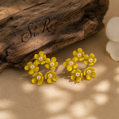 Pearl & Yellow Enamel Floral Garland Stud Earrings