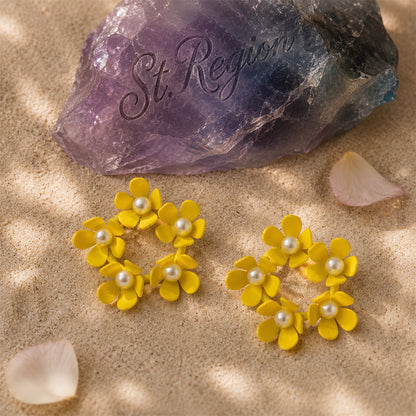 Pearl & Yellow Enamel Floral Garland Stud Earrings