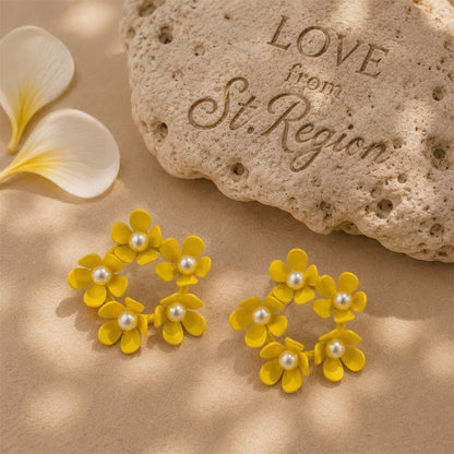 Pearl & Yellow Enamel Floral Garland Stud Earrings