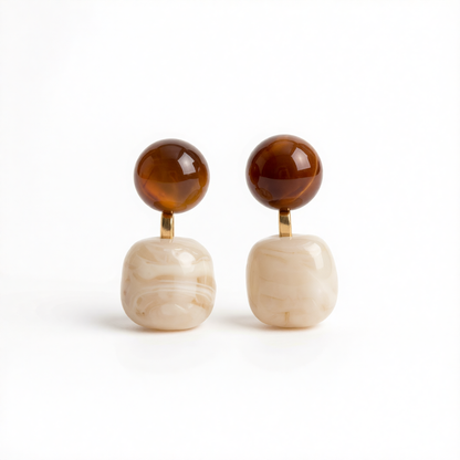 Rose Quartz & White Resin Round Square Drop Earrings