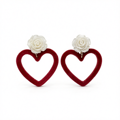 Wine Red Nylon & White Resin Rose Heart Drop Earrings
