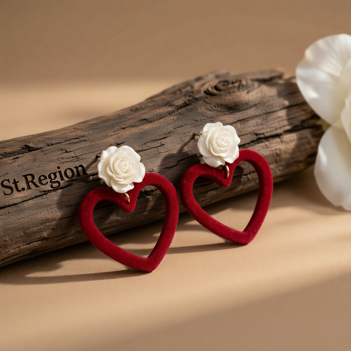 Wine Red Nylon & White Resin Rose Heart Drop Earrings
