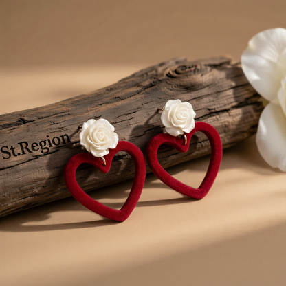 Wine Red Nylon & White Resin Rose Heart Drop Earrings