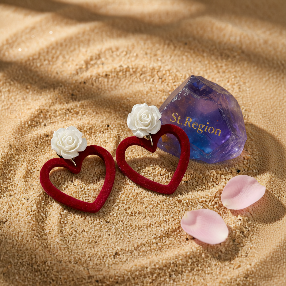 Wine Red Nylon & White Resin Rose Heart Drop Earrings