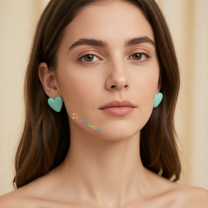 Cyan Acrylic & Silvertone Heart Stud Earrings