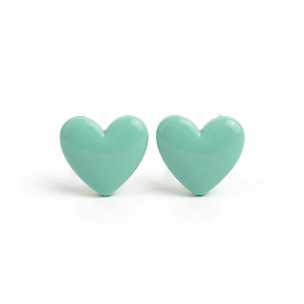 Cyan Acrylic & Silvertone Heart Stud Earrings