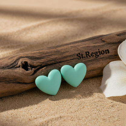 Cyan Acrylic & Silvertone Heart Stud Earrings