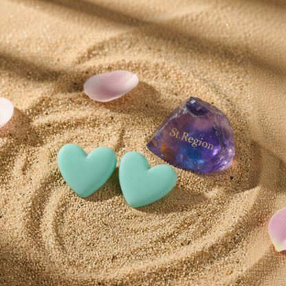 Cyan Acrylic & Silvertone Heart Stud Earrings