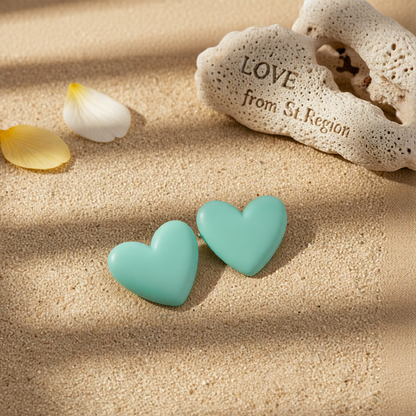 Cyan Acrylic & Silvertone Heart Stud Earrings