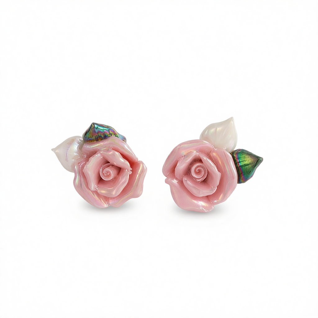 Pink Resin & Enamel Goldtone Rose Stud Earrings