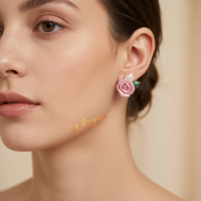 Pink Resin & Enamel Goldtone Rose Stud Earrings