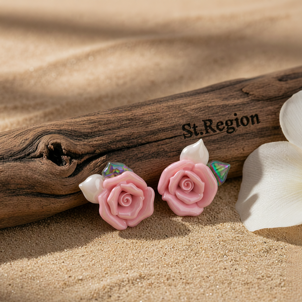 Pink Resin & Enamel Goldtone Rose Stud Earrings